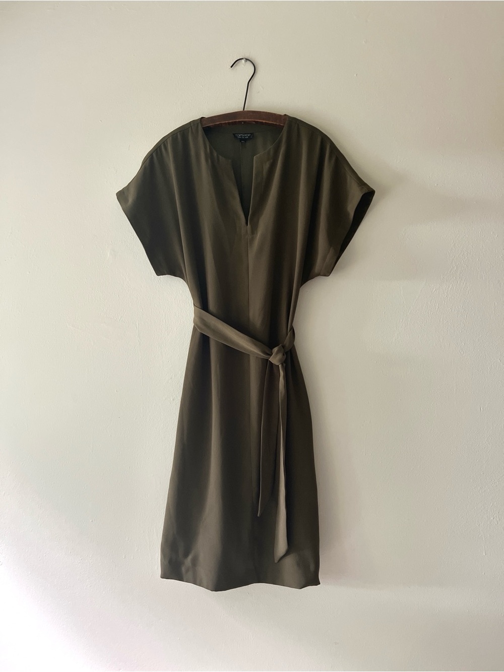 Topshop Olive Green Tie Waist Short Sleeve Mini Shift Dress